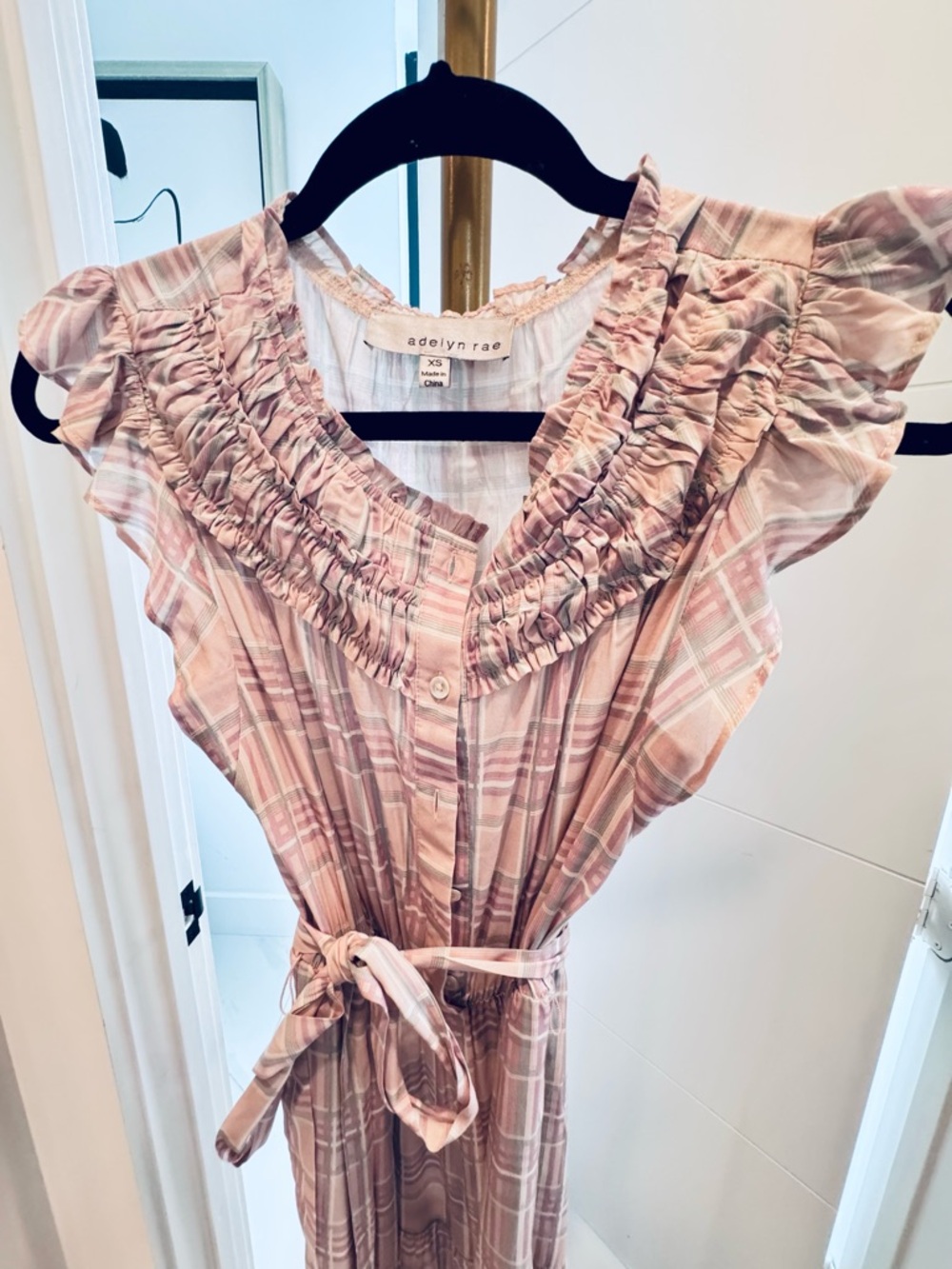 Adelyn Rae Sleeveless Pink Plaid Ruffle Midi Dress with Waist Tie, XS - Picture 6 of 10